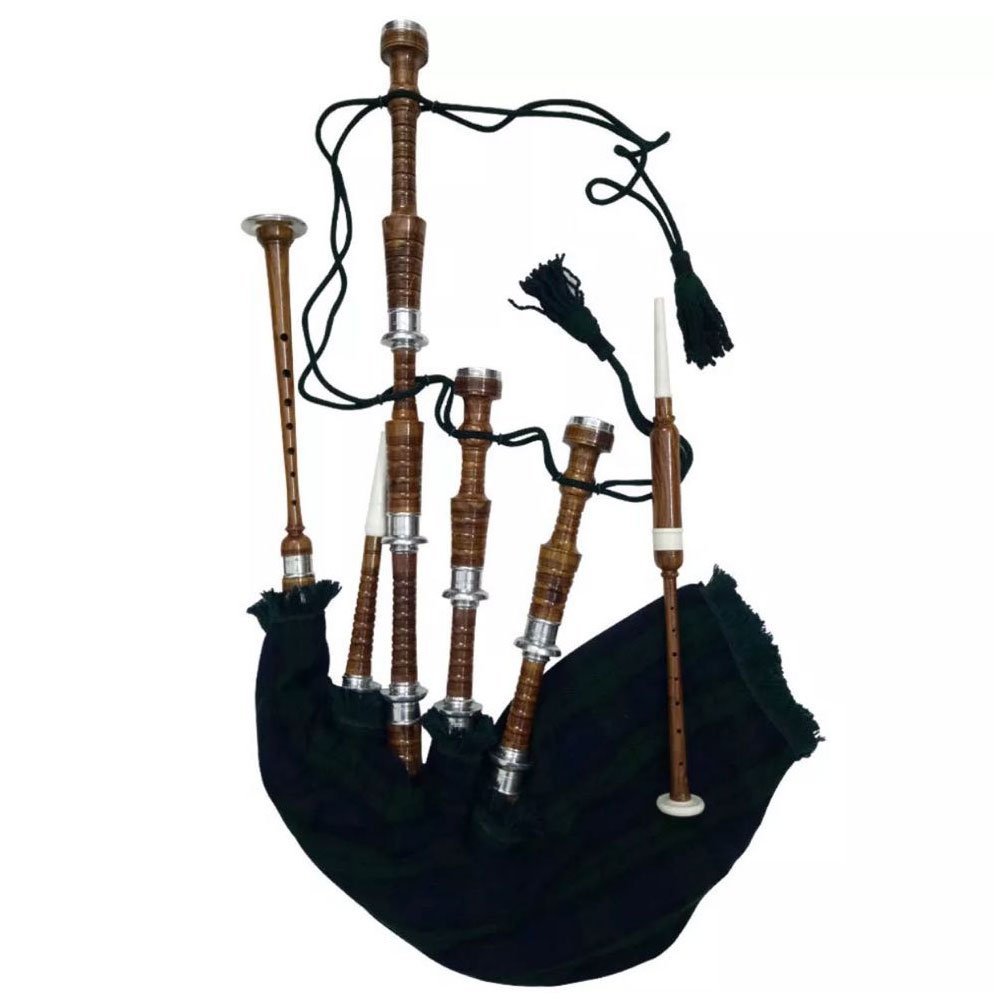 House of Highland 77 Cornemuse, finition en palissandre, tartan Black Watch – Taille complète avec montures argentées unies, sac synthétique, livre de méthode, sac de transport, bourdon, anches