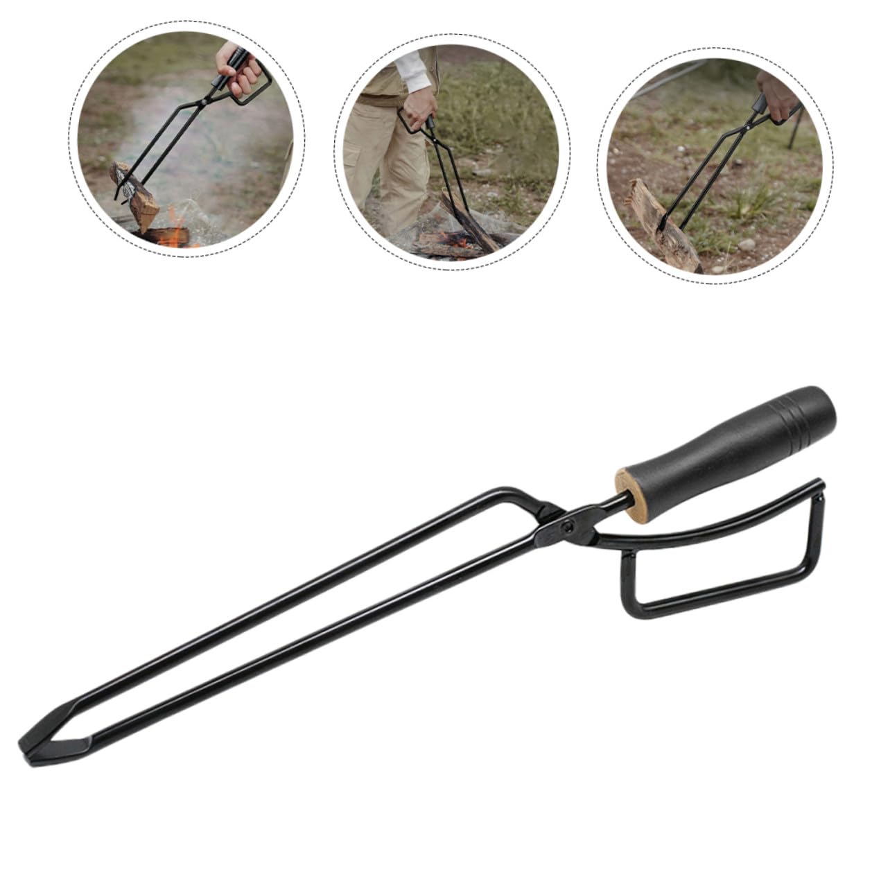 Pinzas de carbón de hierro con mango largo de madera para barbacoa y camping, herramienta de parrilla extendida antideslizante para hoguera y chimenea, accesorio perfecto para cocinar al aire libre