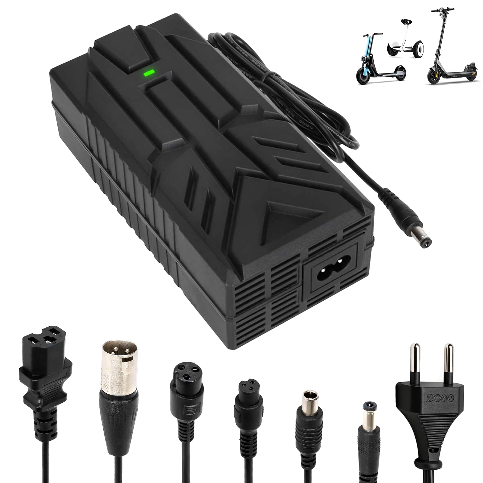 54,6V 2A Cargador Patinete Electrico，Carga rápida para Patinete,E-Bike,48V Carrgador Universal de baterías Litio con 6 Conectores，Carga rápida para Hoverboard, Balance Bike, Drifting Board
