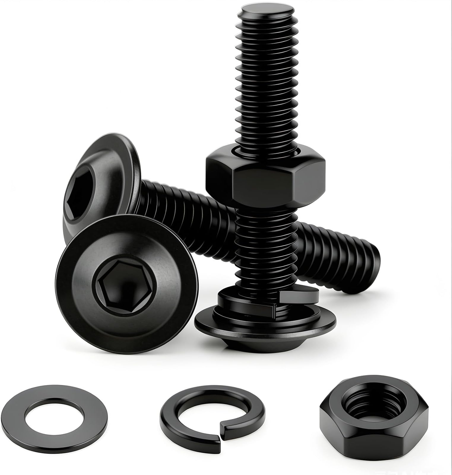 30 Pcs M2.5 x 6mm Flanged Button Head Socket Cap Bolt Screws Black Allen Screws 304 Stainless Steel Nuts and Bolts Assortment Kit with Flat and Lock Washers for Furniture Machine Repair
