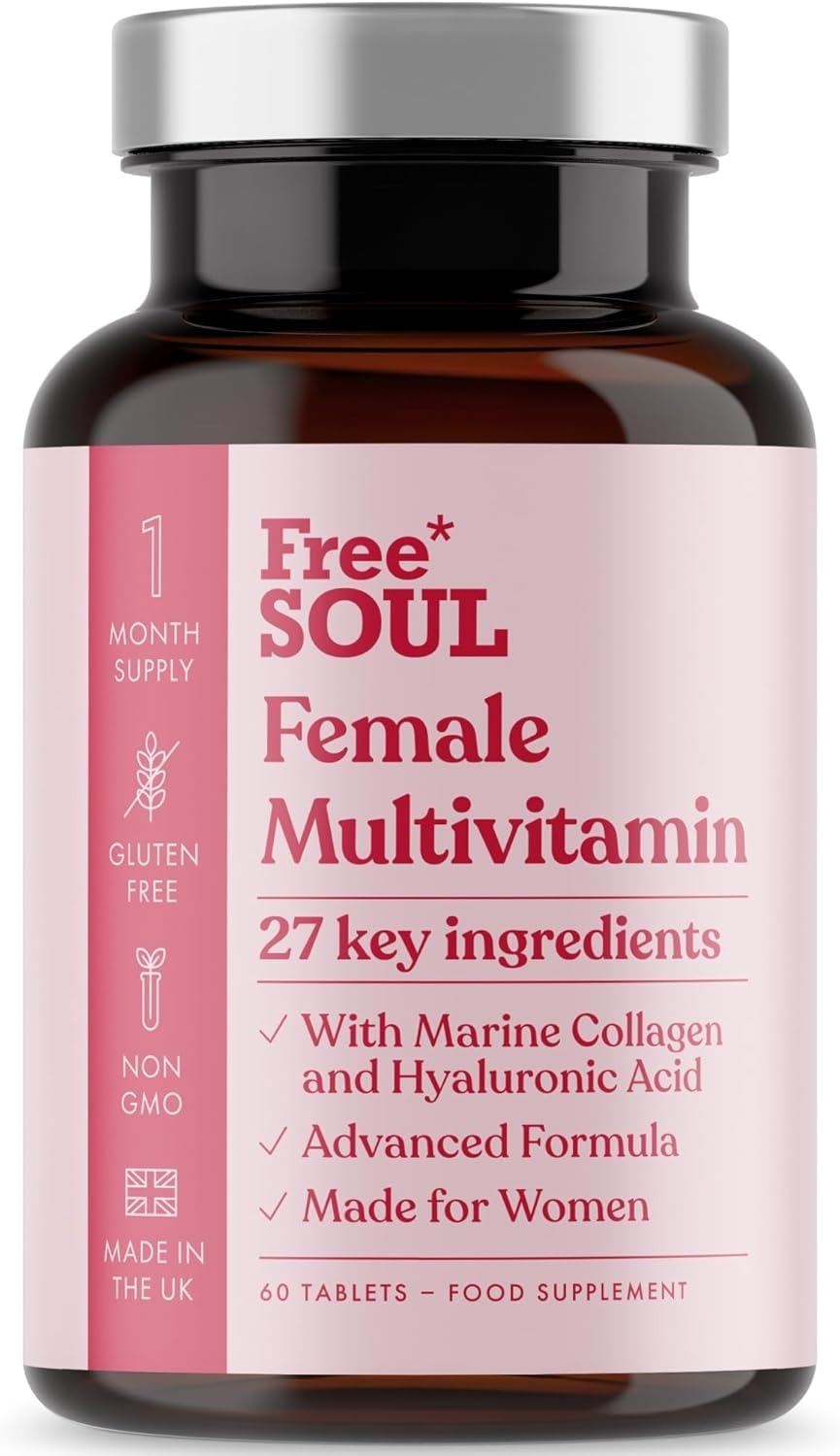 Women's Multivitamins & Minerals with Marine Collagen & Hyaluronic Acid | 27 Essential Vitamins, Minerals, & Botanicals | Gluten-Free & No Synthetic Fillers or Binders | 60 Tablets | Free Soul