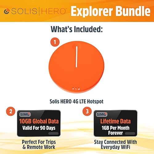 Miniatura 14 de SIMO Solis Hero 4G LTE Hotspot, incluye datos de por vida (12 GB por año) y 10 GB de datos globales, acceso a múltiples operadores, Internet en más