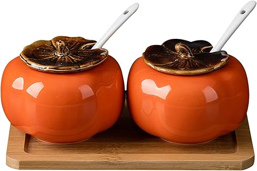 Azucarero de cerámica con tapa y cuchara hecho a mano con forma de caqui en forma de azúcar, tarro de condimentos, contenedor de especias para