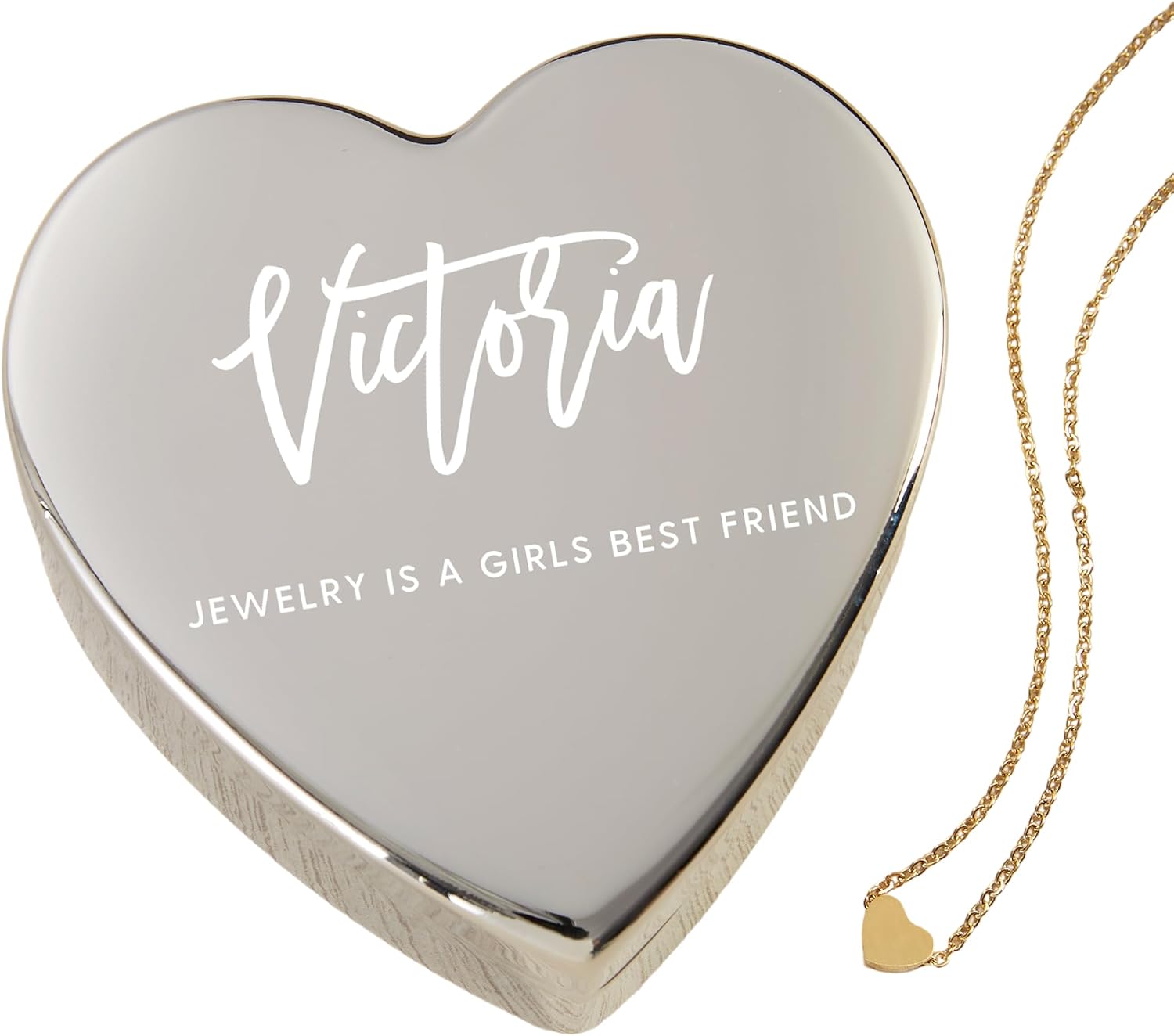 Personalization Universe 14k Gold Heart Necklace & Custom Script Name Jewelry Box Set - Ideal for Mother's Day & Bridesmaid Gifts