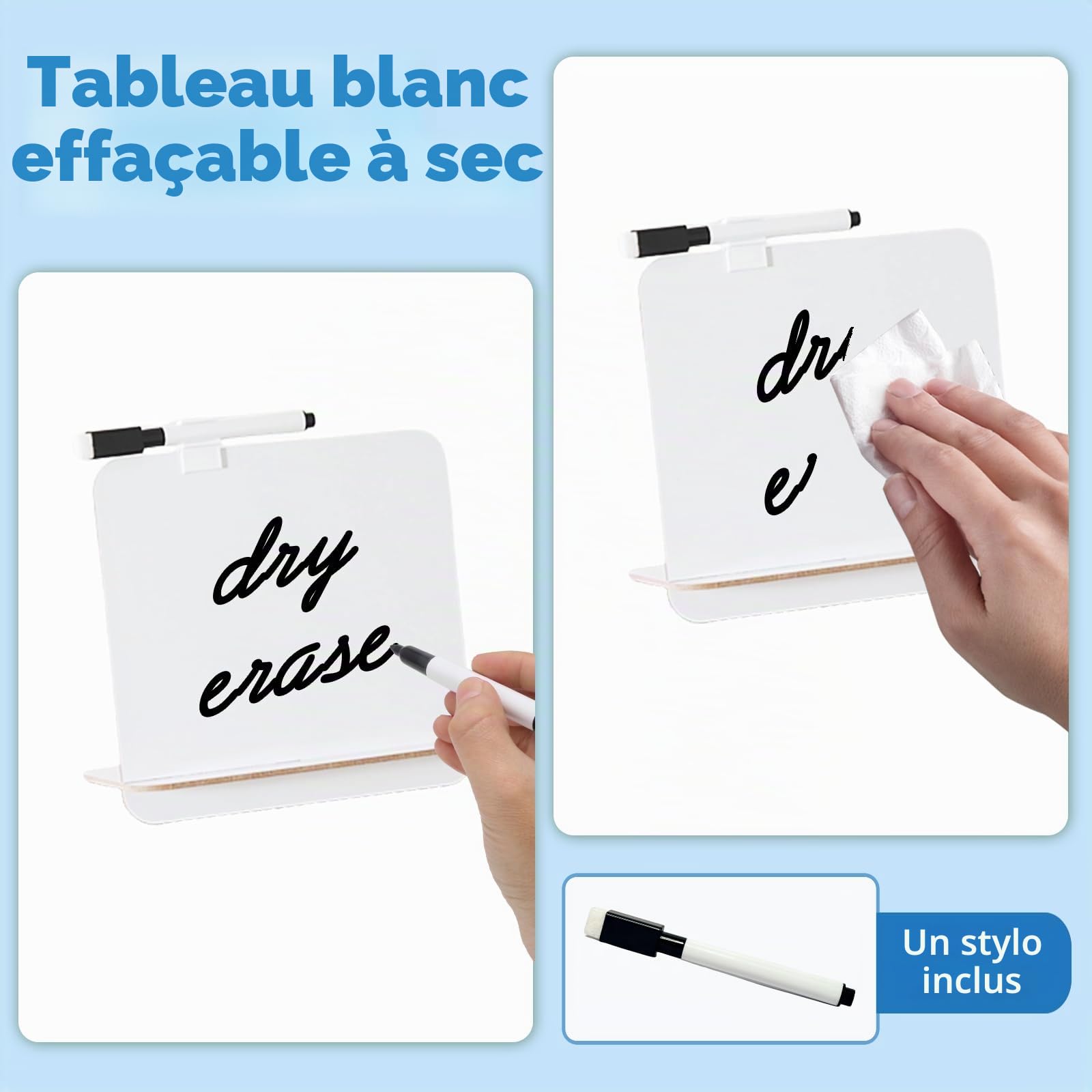 1 mini tableau blanc, effaçable à sec, 16,5 x 17 cm, avec porte-stylo, effaçable à sec, double face, marqueurs effaçables à sec (1S)