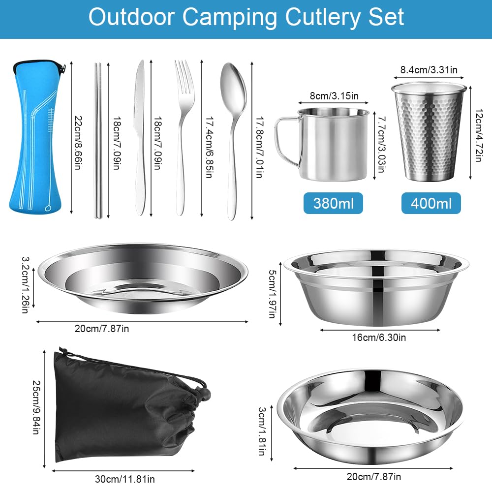 Cocina Set Cubiertos Y Platos Camping Platos Acero Inoxidable