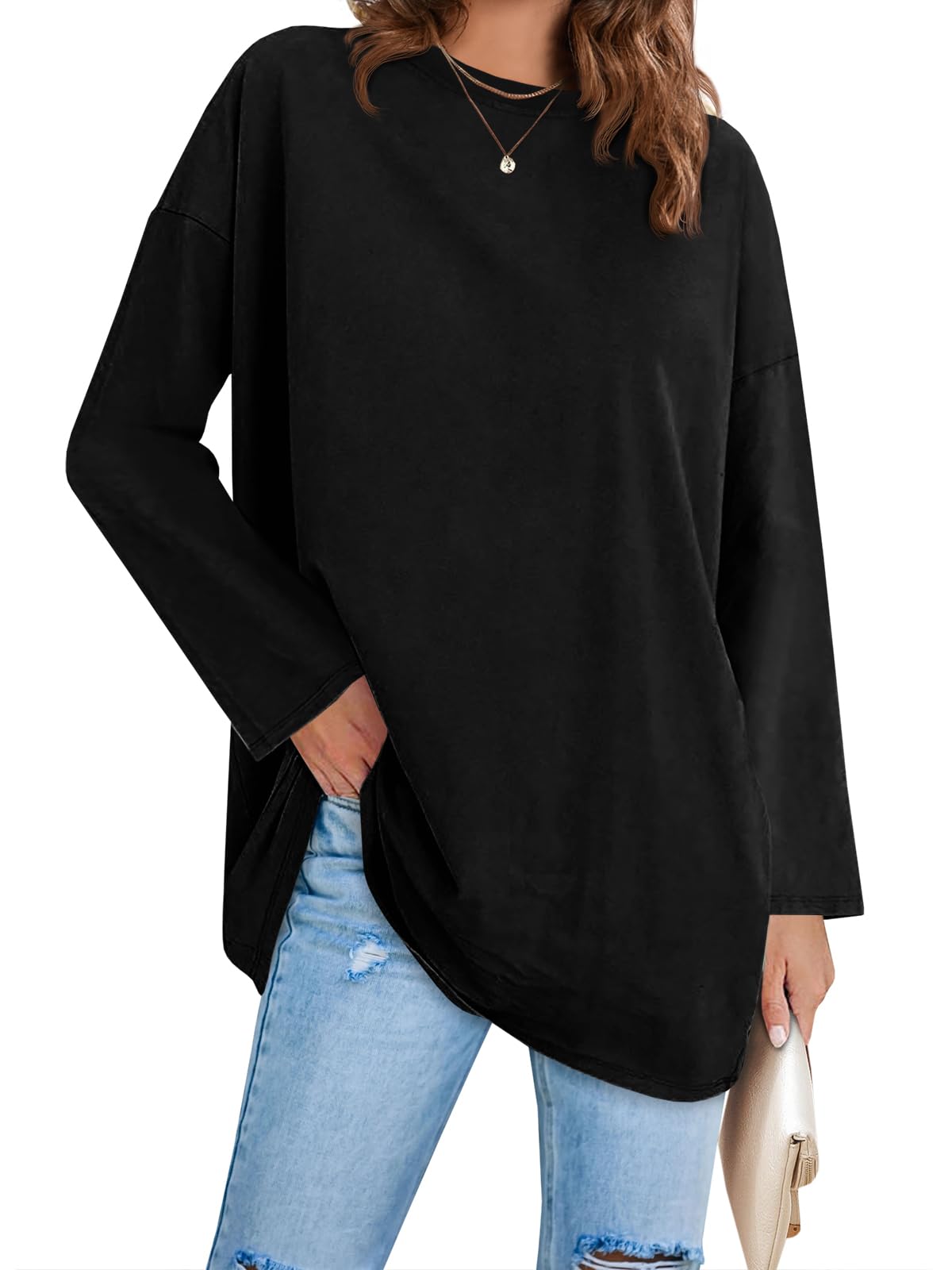 Fisoew Women's Long Sleeve Oversized T Shirts Loose Casual Crewneck Tunic Tops Soft Blouse