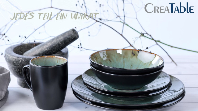 Richmount Starlight servies, 18-delige bordenset, 6-persoons servies, geribbeld structuurservies, magnetron- en vaatwasmachinebestendig, antikras, reactief glazuur, blauw