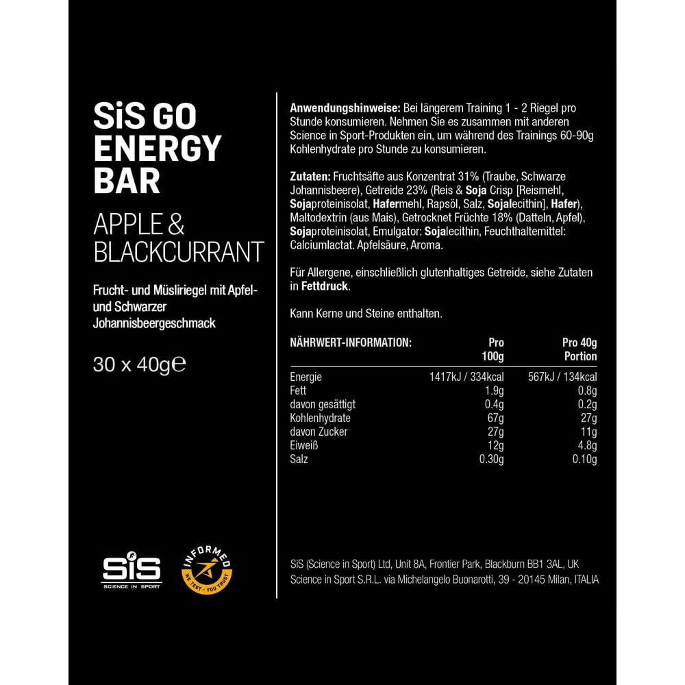 Science in Sport GO Energieriegel Mini 40g 30er Packung Apfel Schwarze Johannisbeere - Leckere Kohlenhydrate Riegel mit 27g Kohlenhydrate, Energielieferanten für das Power Training