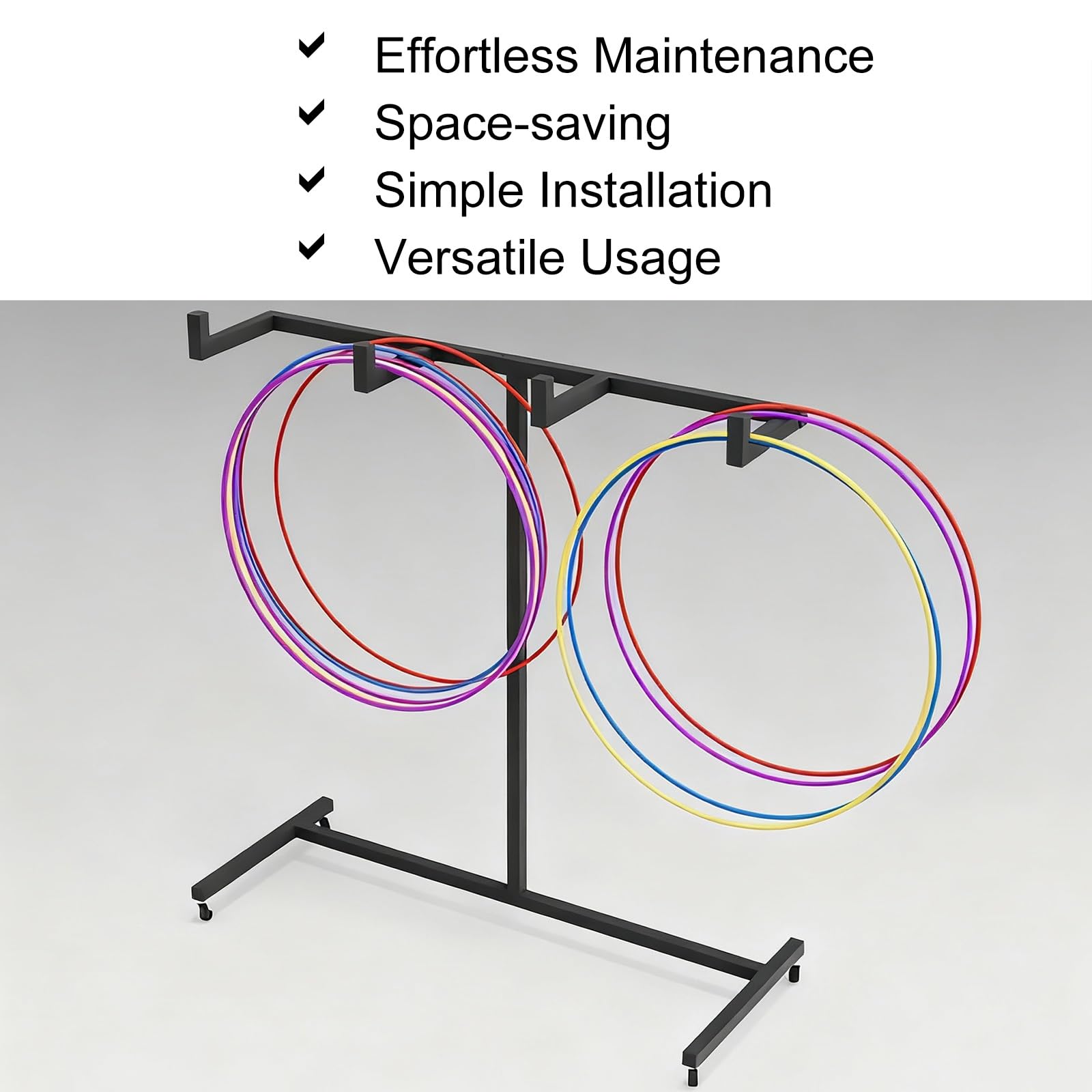 Supporto per Hula Hoop Carrello portaoggetti a 4 ruote per hula hoop, scaffale metallico capiente per corde per saltare, espositore per attrezzature fitness