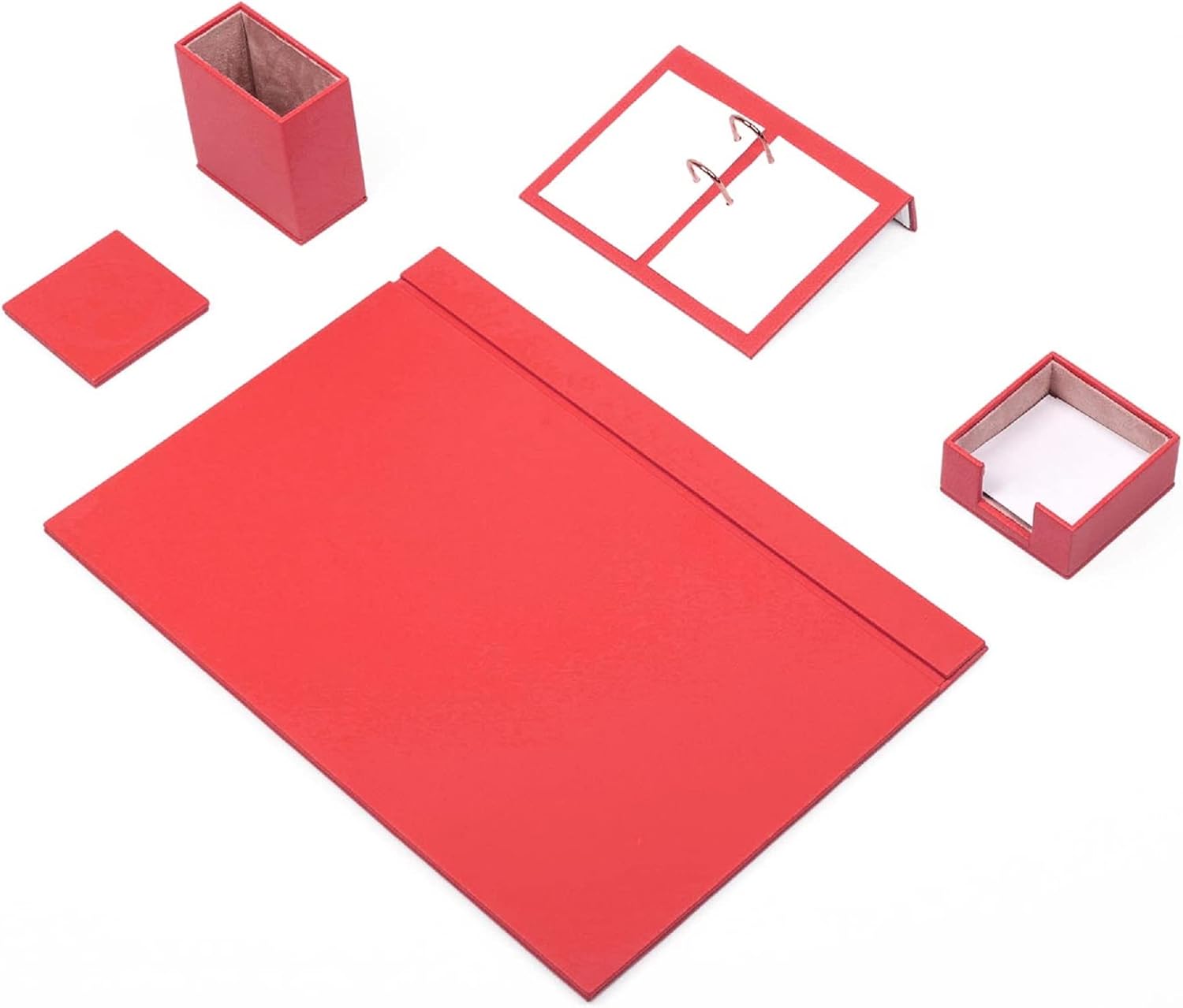MOOGCO Red Leather Desk Set - Desk Pad - Note Paper Holder - Pen Holder - Leather Coaster -Desk Accessories-Desk Organizer - Office Desk Accessories - Desktop Storage,RED (5PCS)