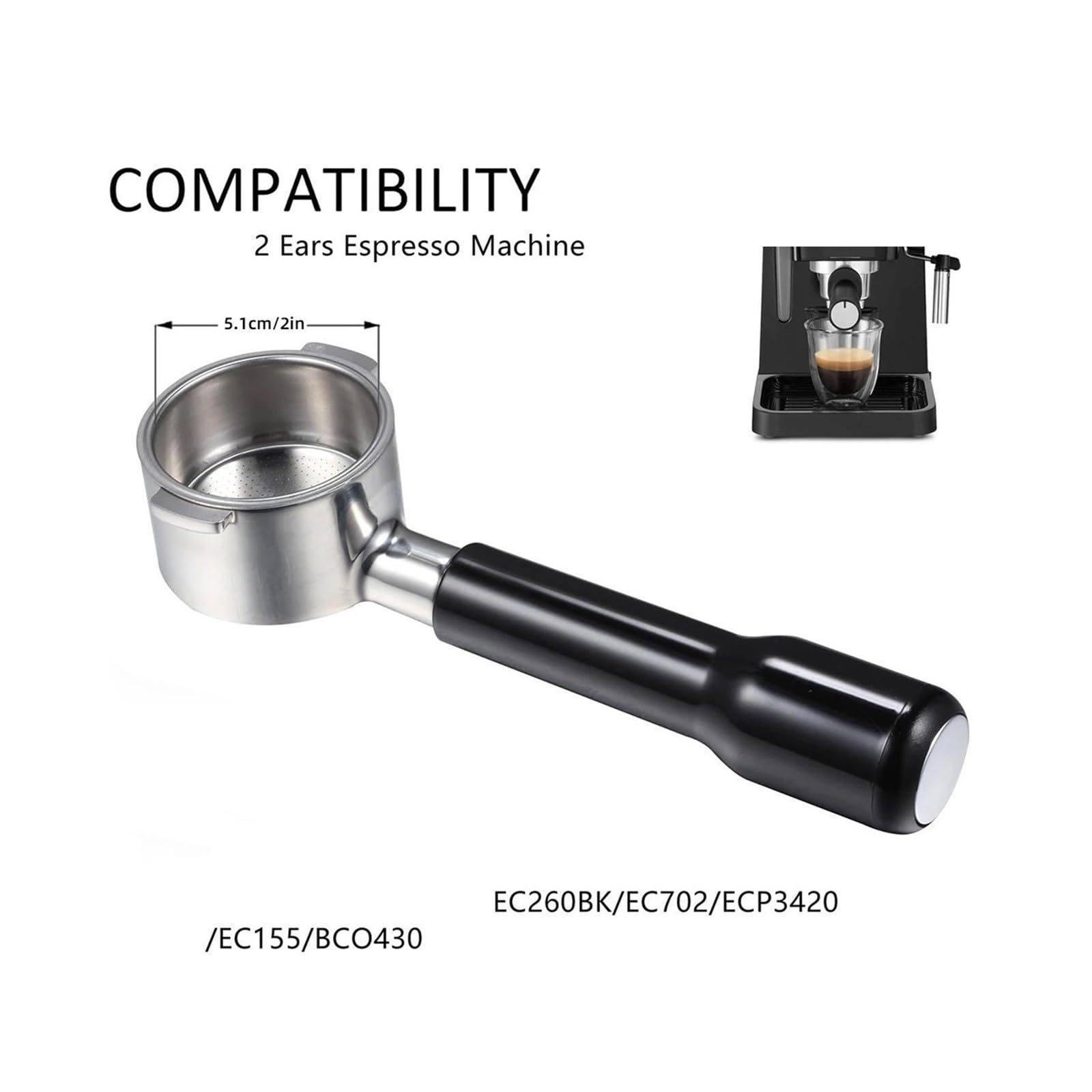 Portafiltro,Compatible Con Delonghi 51mm Portafiltro Sin Fondo 2 Oídos | Acero Inoxidable Piezas De Repuesto Manija Cafetería A Prueba De Fugas Antideslizante
