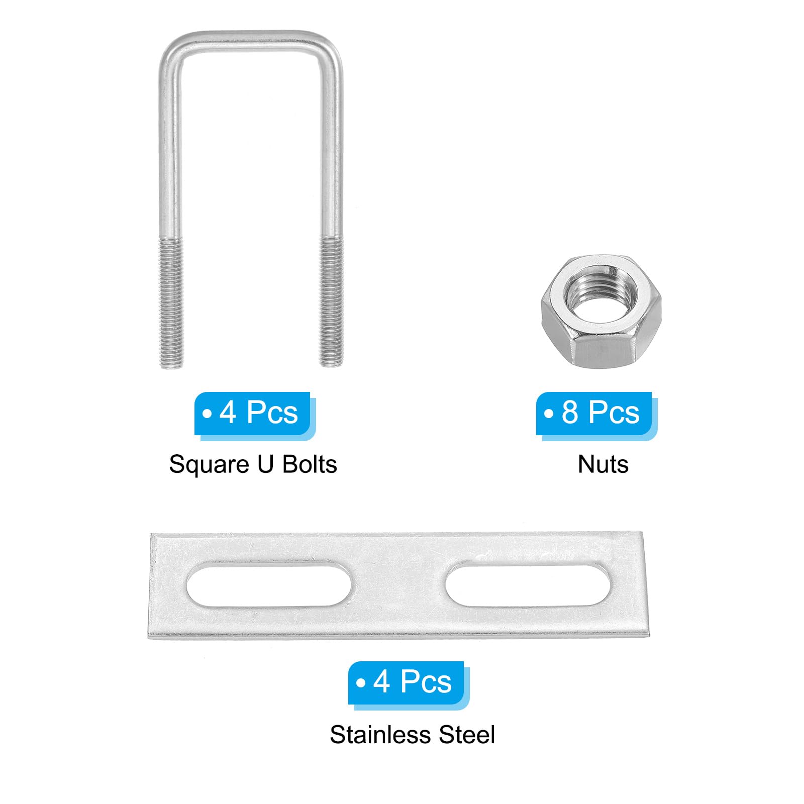 PATIKIL M10x50x120mm Square U-Bolts Kit, 4Set 304 Stainless Steel Square U Shaped Bolts Replacement Parts with Frame Plates and Nuts for Ski Board Sailboat Trailer - Image 3