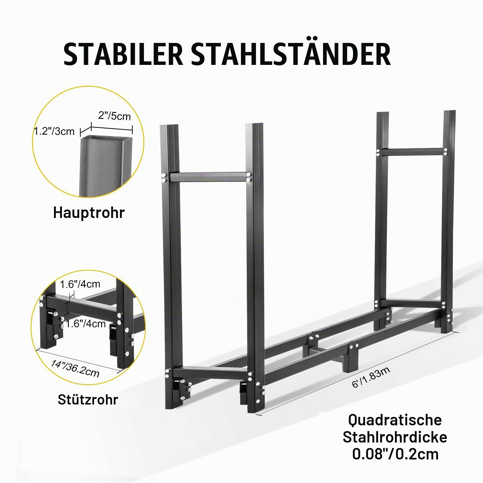 VEVOR Metall Kaminholzregal 590 kg Haltekapazität, Brennholzregal 183,5x36,2x122 cm, Kaminholzunterstand mit PVC Abdeckung(183,5x36,2x27,5 cm), Kaminholzhalter Schwarz, Stapelhilfe für Brennholz Außen