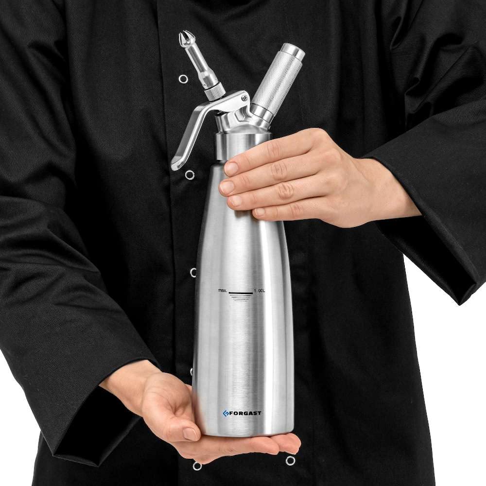 Dispenser per Panna Montata, 1 Litro, 3 Beccucci, 1 Spazzole per la Pulizia, Argento, Sifone per Panna Professionale, Sifone da Cucina in Alluminio, per la Preparazione di Panna, Mousse