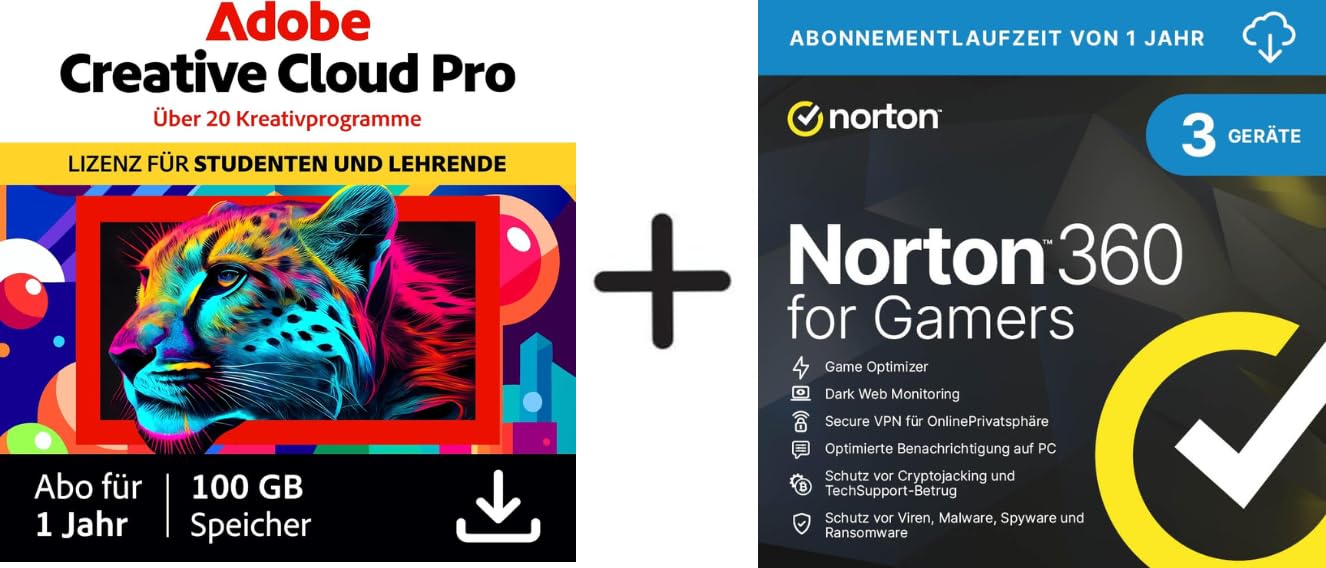 Adobe Creative Cloud Pro | Student & Teacher + Norton 360 for Gamers 2026 | 3 Geräte | 1-Jahres Abonnement mit automatischer Verlängerung | Aktivierungscode per Email