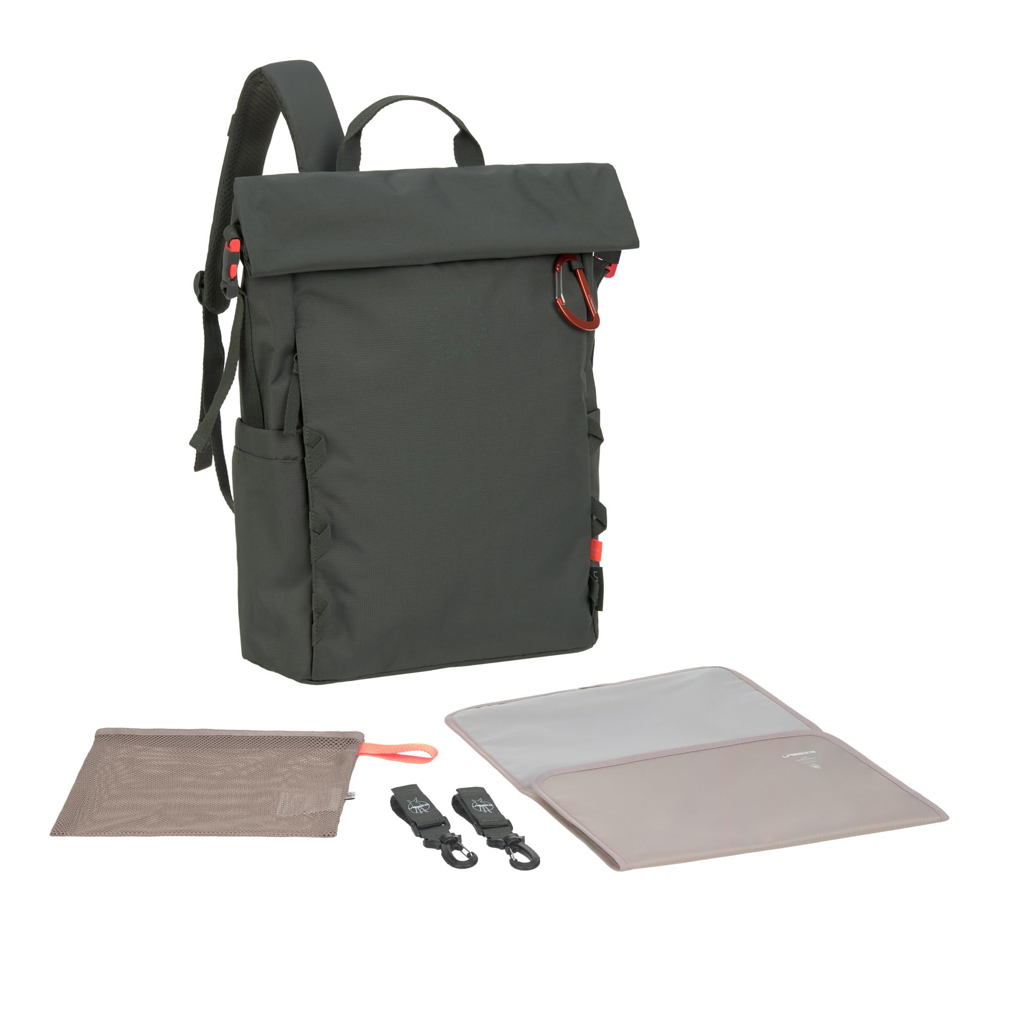 LÄSSIG Baby Wickelrucksack Wickeltasche Rucksack mit Wickelunterlage, Kinderwagenbefestigung, Flaschenhalter nachhaltig produziert/GRE Outdoor Rolltop Backpack dark olive
