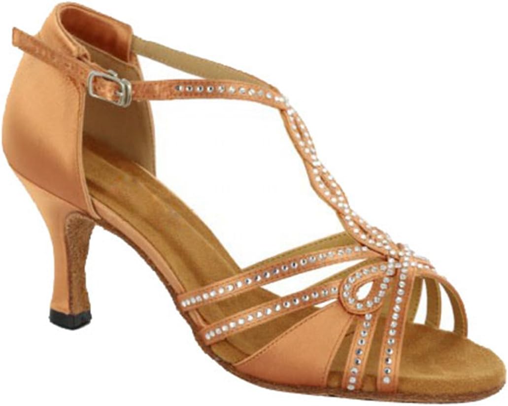 TDA Womens T-strap Peep Toe High Heels Crystals 7.5cm Heel Bronze Satin Latin Modern Salsa Tango Ballroom Wedding Dance Shoes 10 M US