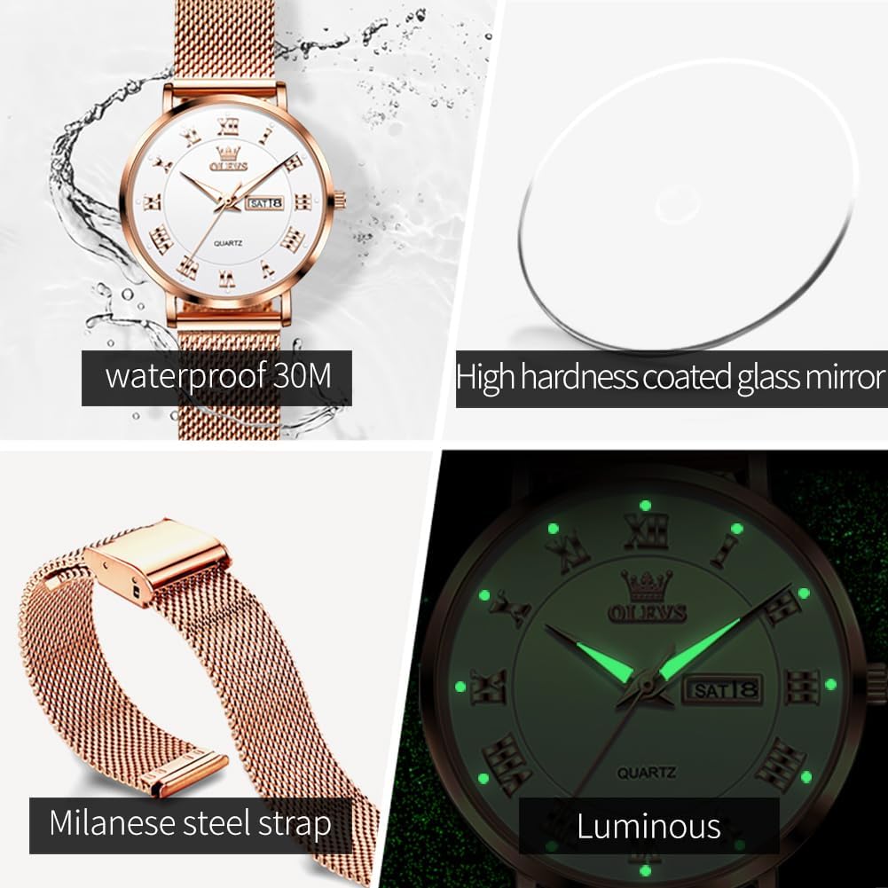 OLEVS Gold Plated Watch for Women - Fashion Minimalist Dress Watch with Date Window,Waterproof Thin Stainless Steel Bracelet,Chic & Versatile for Everyday Luxury,Self Love Splurge Gift for Her​