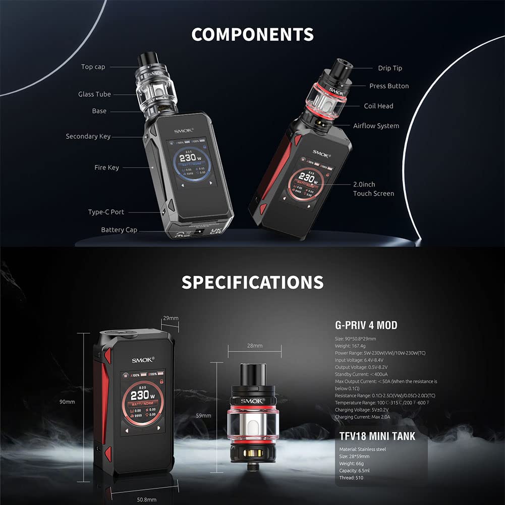 SMOK G-PRIV 4 Kit | 230 W G Priv 4 Mod mit Vollfarb-Touchscreen-Mod und 6,5 ml TFV 18 Mini Tank V18 Mini Coils V9 Mesh Coil Ohne Nikotin (Rot)