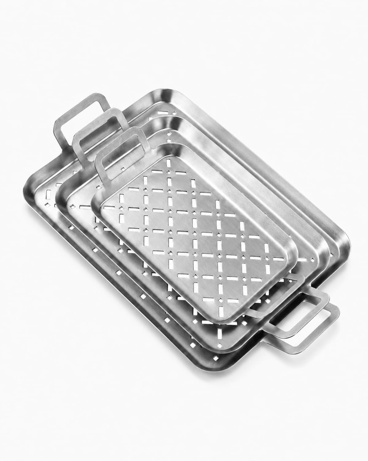 3-teiliges Set Grillpfannen aus 430 Edelstahl, gelochte Grillplatten mit Griffen für Gemüse, Fisch & Beilagen, spülmaschinengeeignet und stapelbar, passend für alle Grills