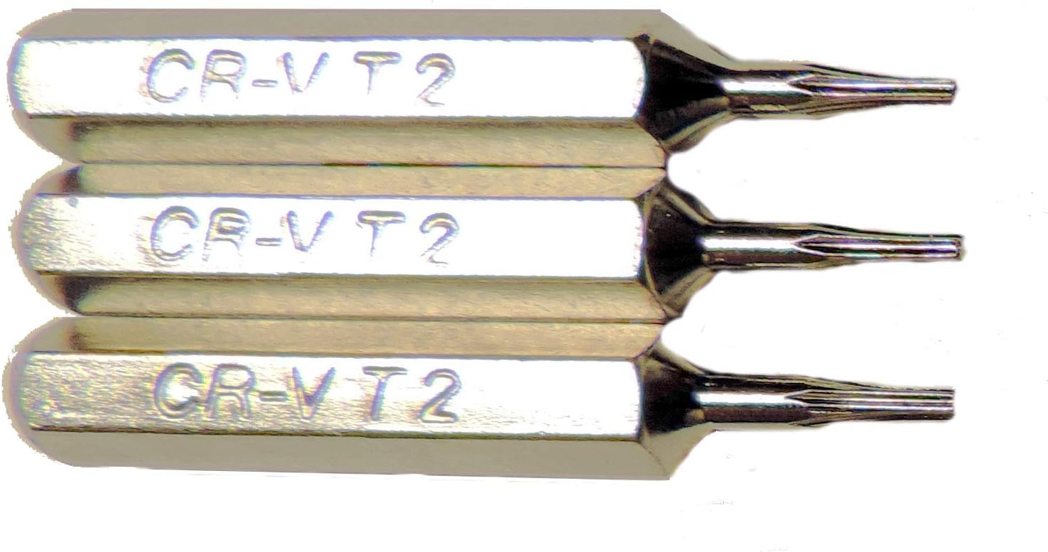 3 Replacement Torx T2 Bits for 1/8" (4mm) Mini Hex Drive Screwdrivers or Powered Drivers; T2 T5 T6 T8 T10, W/Hardened Tips