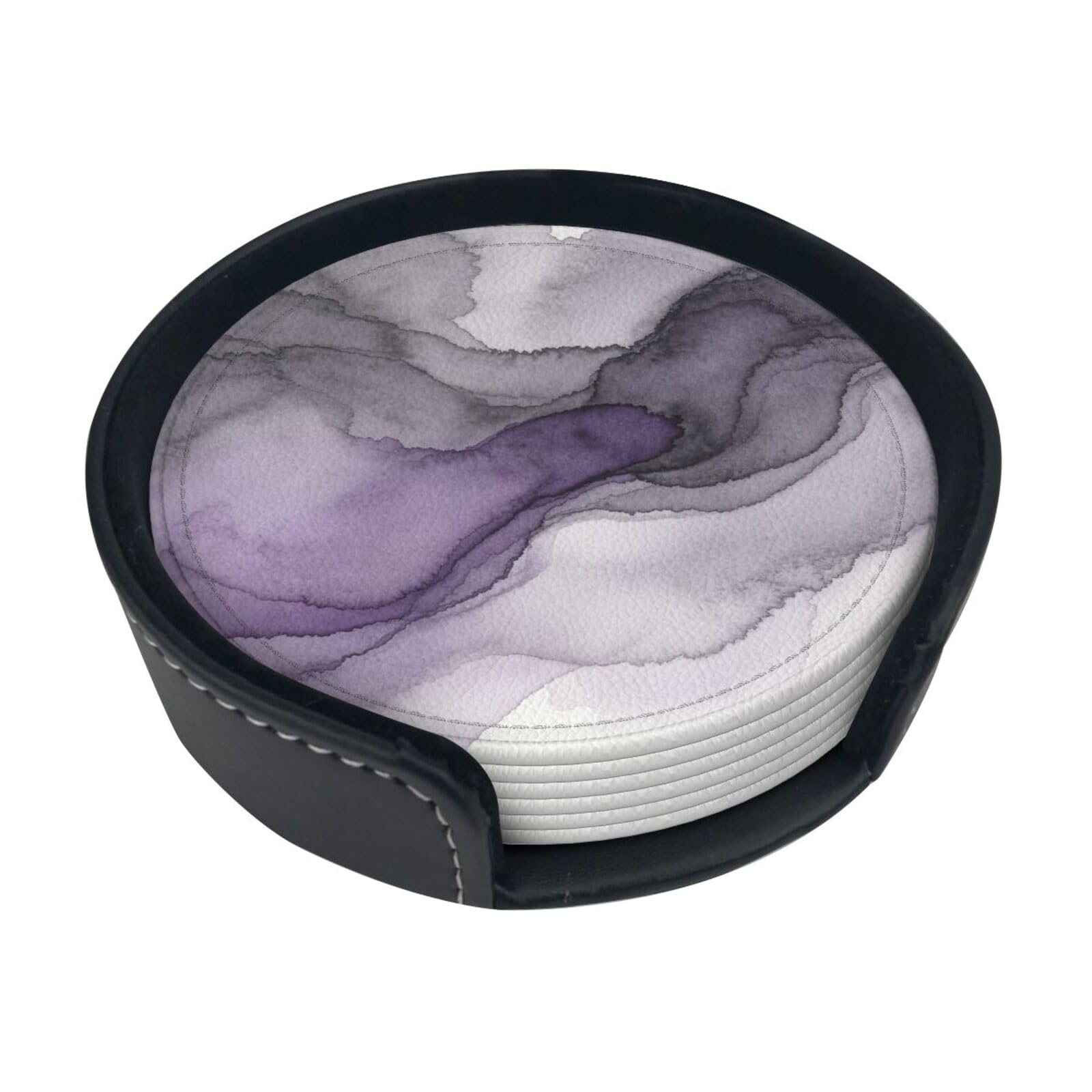 Gray Purple Wash Leather Coasters-Set of 6 with Storage Holder