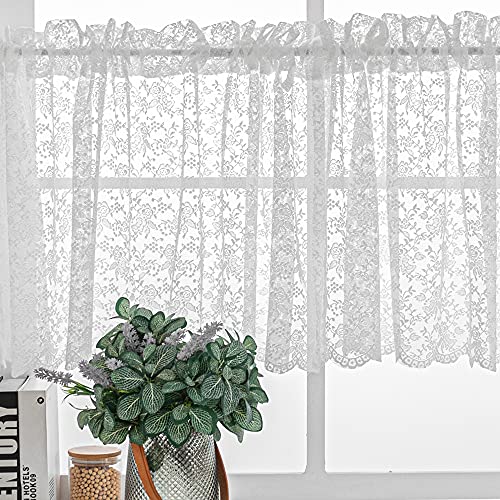 H.ebony White Floral Rose Lace Sheer Window Curtain Valances 52X18 Inch, Vintage Lace Floral Knitted Semi Sheer Rod Pocket Curtain Valance For Kitchen Cafe Dinning Bath Room,1 Pcs, White Valance #TOP3