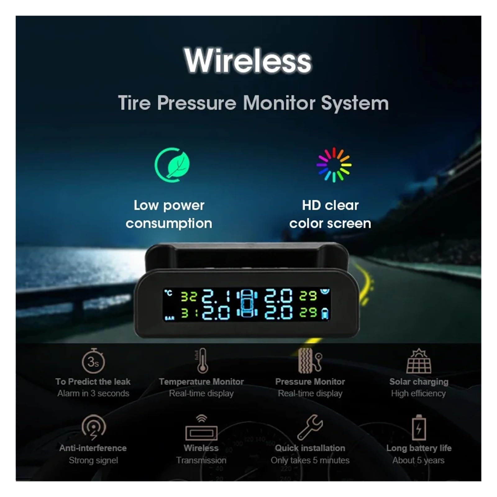 Sistema De Monitor Alarma Presión Neumáticos TPMS, Pantalla Original Inalámbrica HD, Carga Solar, Vibración Encendido Coche con 8 Sensores DeteccióN Precisa(External Sensor)