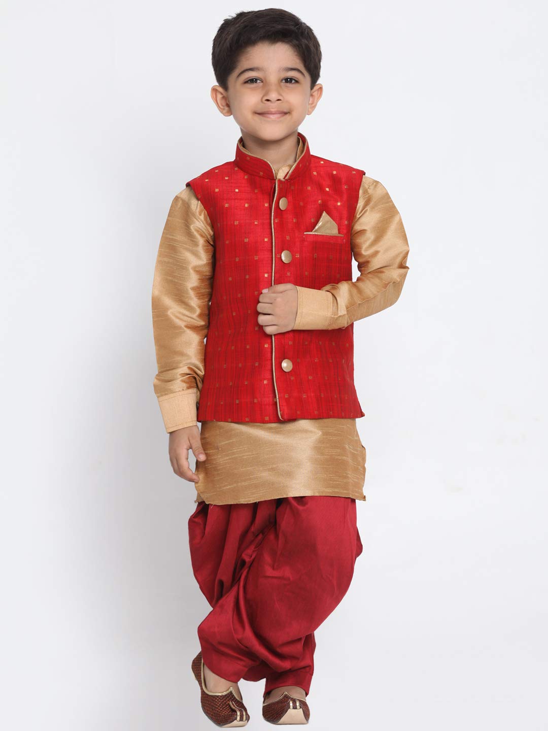Vastramay Banarasi Brocade Woven Jacquard Nehru/Modi Jacket With Silk Pathani Kurta & Dhoti Pant Set  Traditional Ethnic Wear For Boys