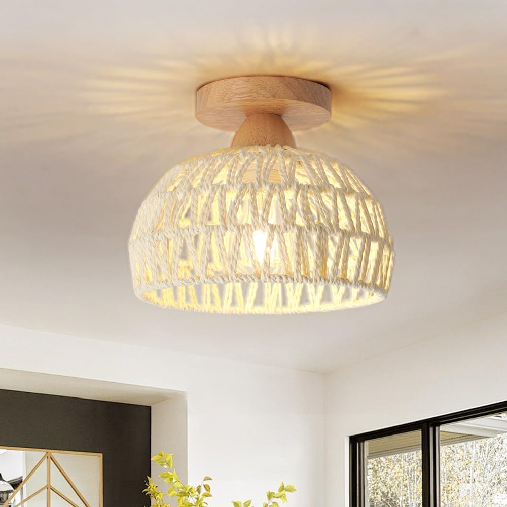 Boho Rattan Ceiling Light,Flush Mount Light Fixture Hand-Woven with Natural Hemp Rope,Semi-Flush Mount Close to Ceiling Lighting for Living Room Bedroom Kitchen Hallway Foyer Entrance, Off White