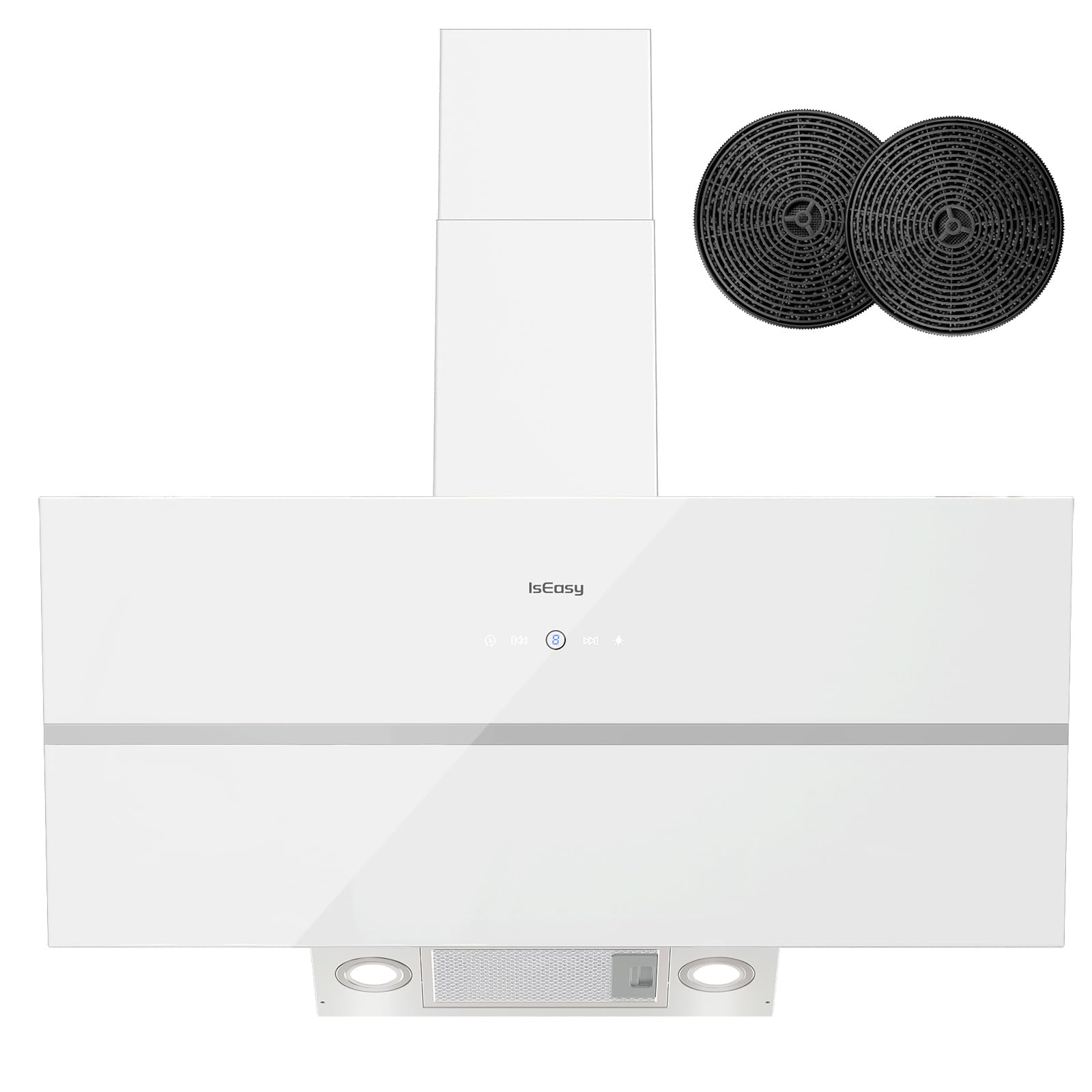 IsEasy Cappa Cucina, Cappa Aspirante 90 cm, 571 m³/h Forte Aspirazione, 4 Livelli di Regolazione, Ritenitore di Pannello, 1-9 Min Spegnimento Ritardato, Funzione di Memoria, 61 dB, Bianco, A++