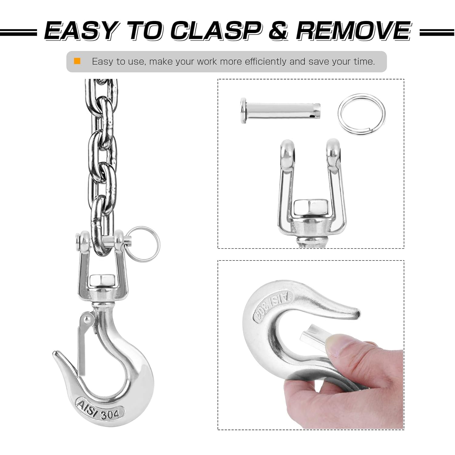 AMYSPORTS Heavy Duty Slip Hook Load Tow Chain Clevis Hook Winch Trailer Steel Clevis Latch Safety Lifting Stainless 3/16 Inch 330lbs - Image 6