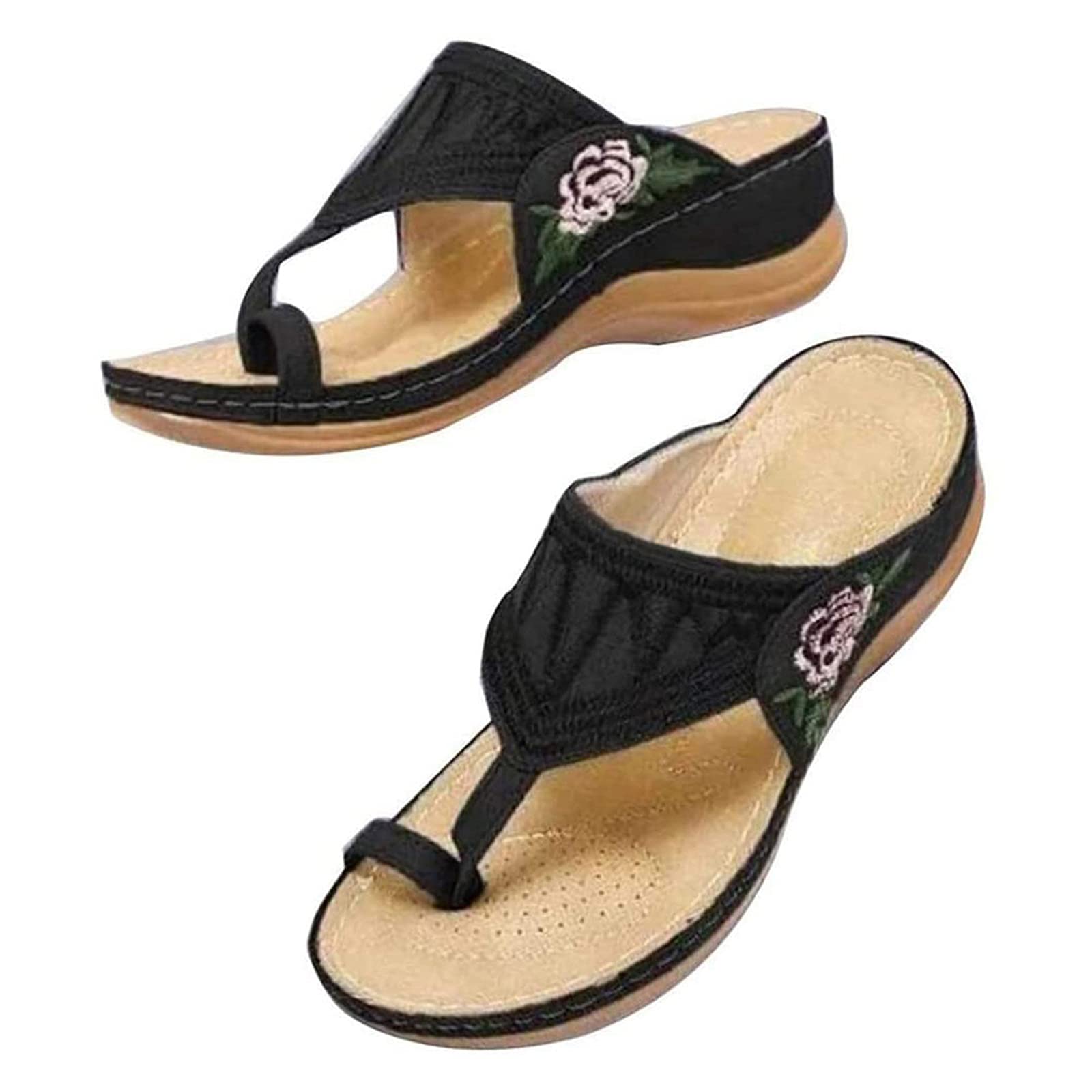 Sandales compensées à fleurs femme avec broderie florale noire haut de gamme