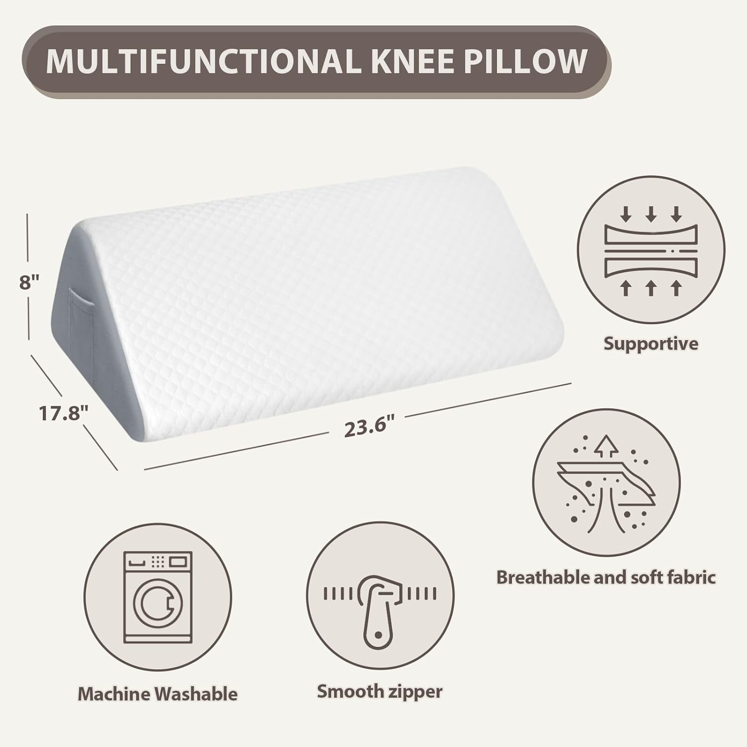 Memory Foam Knee Pillow, Quilted White Cover with Gray Base, Orthopedic Support