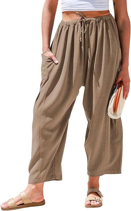Womens Linen Wide Leg Pants Casual Loose Drawstring Summer Beach Travel Vacation Palazzo Harem Pants with Pockets