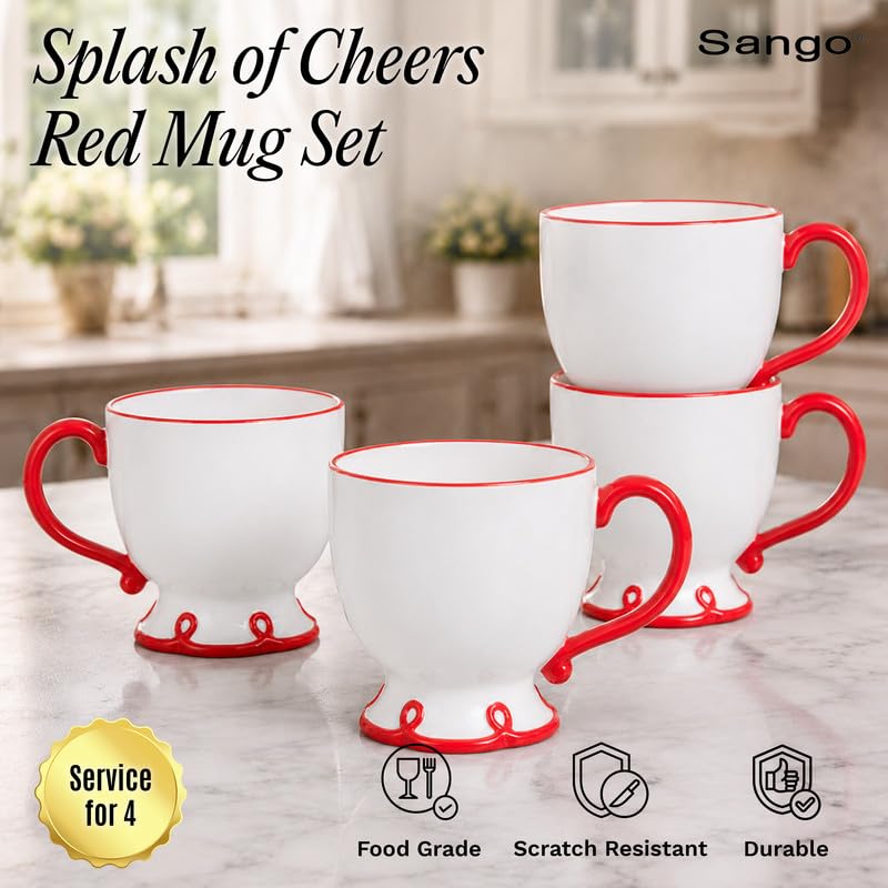 Image of SANGO Splash of Cheers Large Mugs Set of 4, 16 oz Stoneware Red and White Coffee Mugs, Ceramic Drinkware for Coffee or Tea, Durable Everyday Cups, Dishwasher & Microwave Safe, Scalloped Mug Set