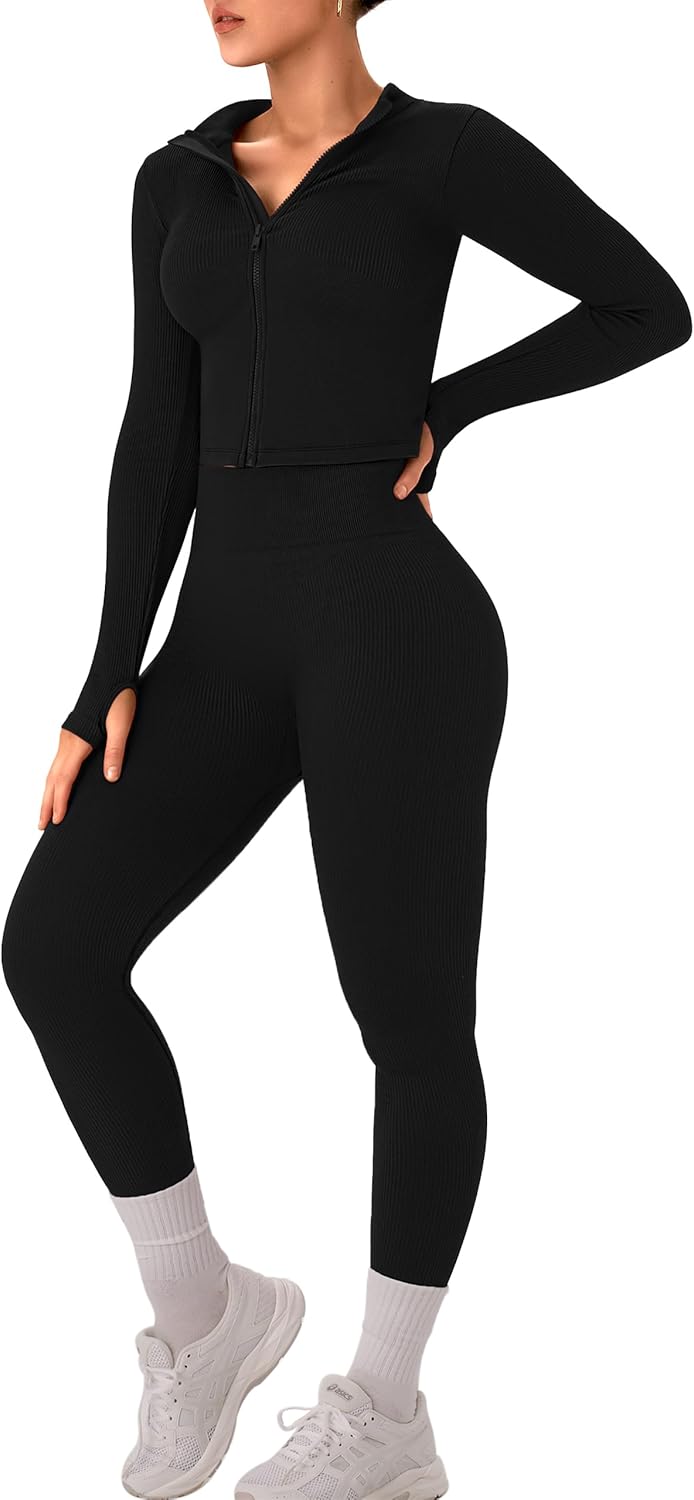 OLCHEE Womens Workout Sets 2 Piece Seamless Ribbed Long Sleeve Yoga Outfits High Waist Leggings Zipper Jacket Thumb Hole Gym