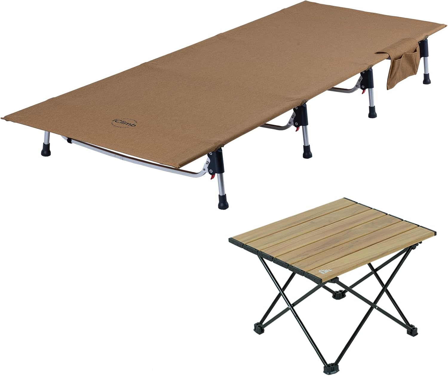iClimb 1 Super Easy Assemble Cot and 1 Folding Table Bundle, Ultralight Compact for Adults Outdoor Backpacking Camping Glamping Hiking Motorcycling