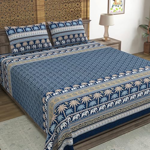 Image of BLOCKS OF INDIA Hand Block Printed 200 TC Cotton Super King Size Bedsheet(106 x 106) | Pack of 1, Batik Blue Elephant