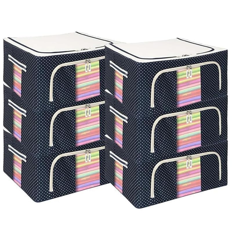 Image of Clothes Storage Box Wardrobe Organizer For Clothes 24 Liter Foldable Steel Frame Clothes Organizer Storage Box For Wardrobe, Saree, Shirts, And Blankets Pack Of 6