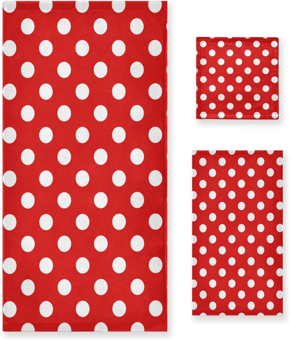 DOMIKING Polka Dot Red Bath Towels Set of 3 Pieces Absorbent Hand Towels Pure Cotton Facial Washcloths Beach Hair Towel Extra Large for Women Kids Girls Decor and Accessories