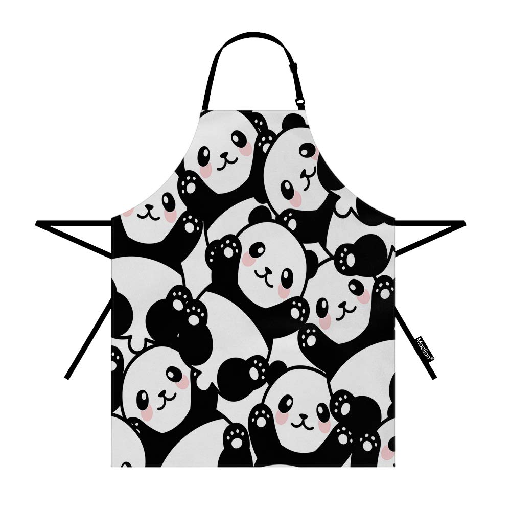 Funny Panda Apron 31x27 Inch Cute Animal Happy Panda with Pink Blush Polka Dot on Face Kitchen Chef Waitress Cook Aprons Bib with Adjustable Neck for Women Men Girls Black White