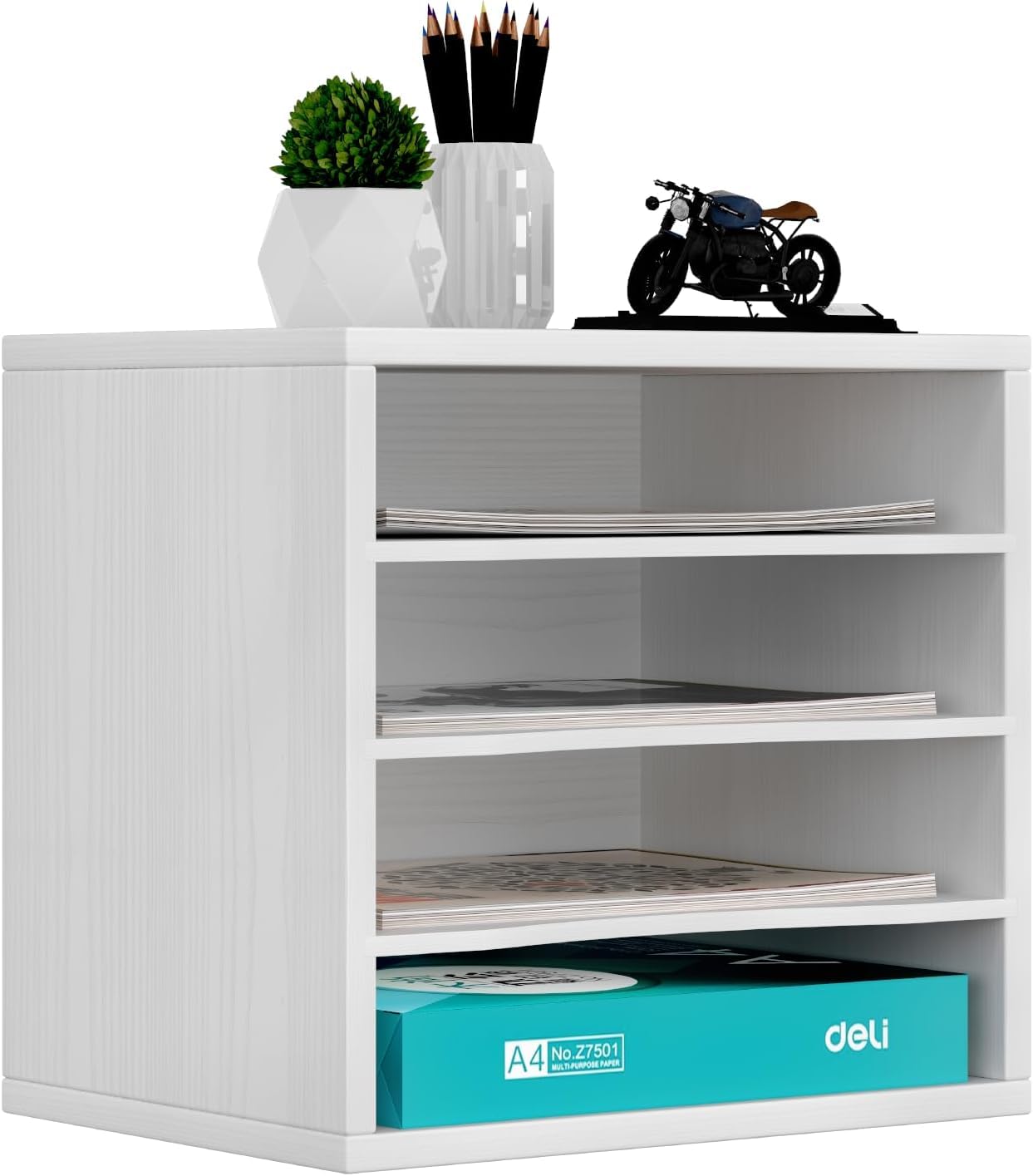 4 Fächer Aktenablage, Schreibtisch Ordner Organizer Holz, Stapelbar Dokumentenablage für Büro, A4 Aktenhalter, Multifunktionaler Briefablage für Papier, Magazin, Bürobedarf, Weiß
