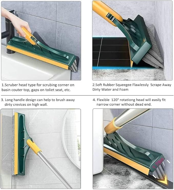 Image of 2 in 1 Toilet Bathroom Cleaning Brush with Wiper and Long Handle - 180 Rotate Floor Scrub Brush for Tiles, Home Kitchen Bathroom Accessories