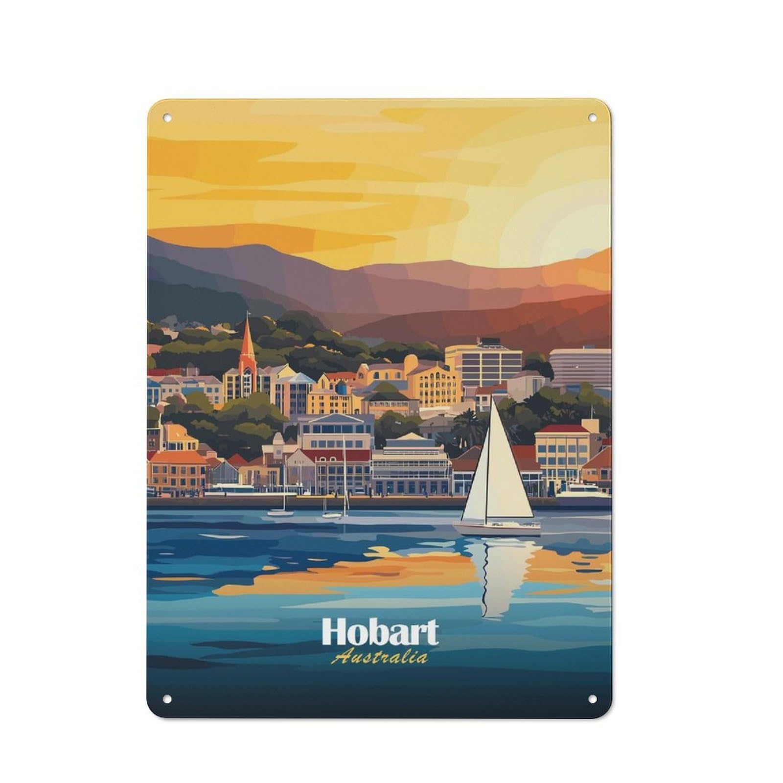 Hobart, Australia Cityscape Warehouse Style Metal Wall Decor 40x30cm, Tin Wall Sign for Modern Home, Workshop, Office Or Cafe