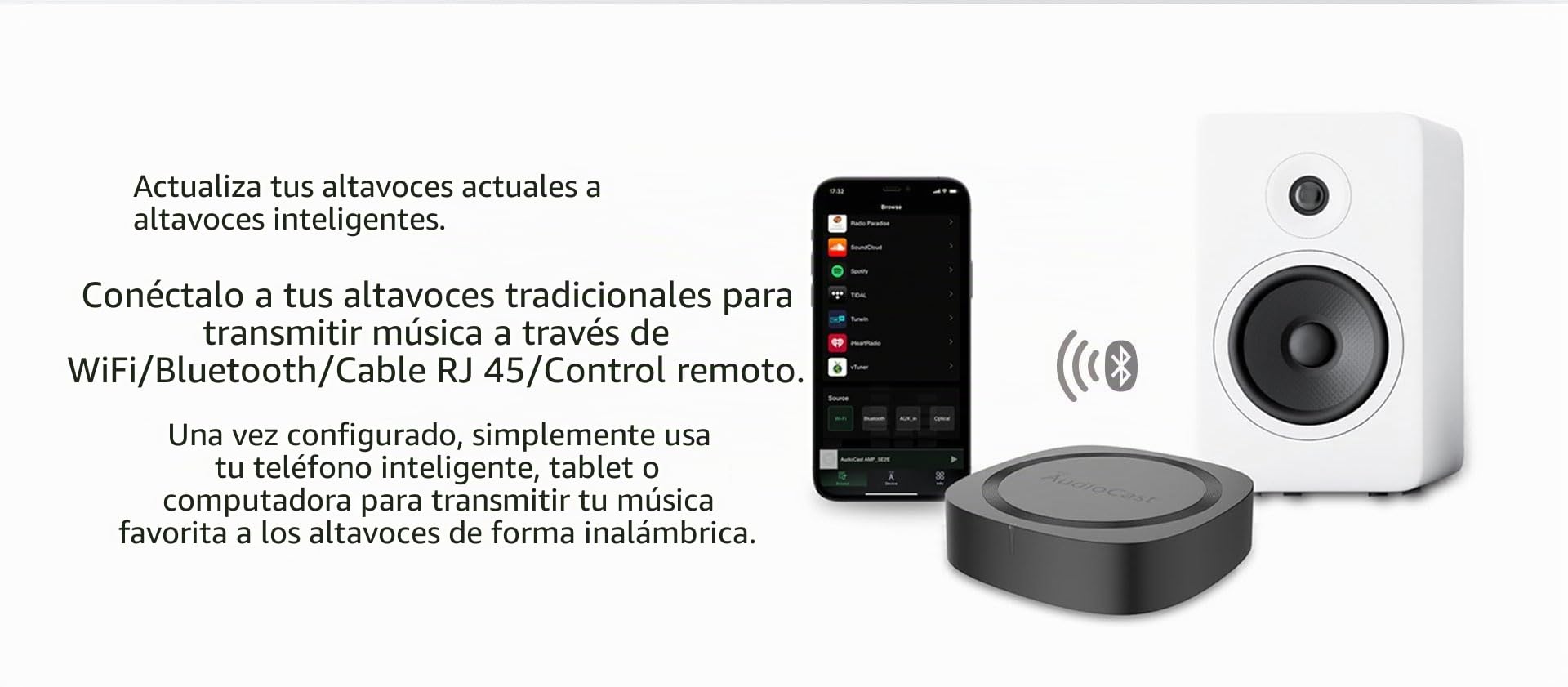 Audiocast Receptor de audio inalámbrico multipieza WiFi Convierte altavoces con cable en AirPlay Compatible con Bluetooth y Ethernet