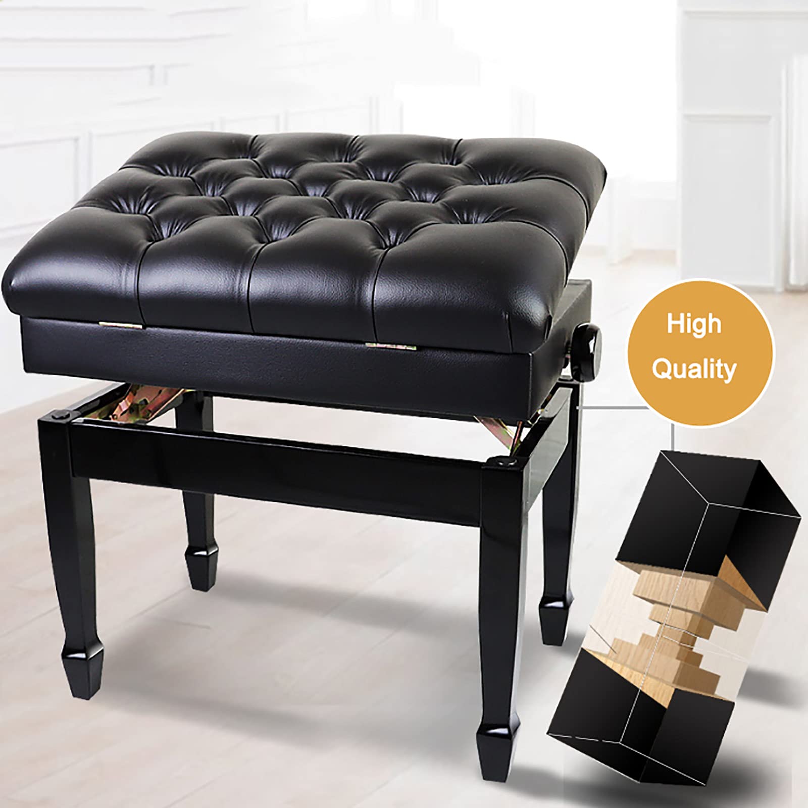 Panca per Pianoforte in Pelle, Panca per Pianoforte Deluxe con Scomparto per La Musica, Sgabello per Pianoforte Regolabile in Altezza, Comodo Cuscino Allargato,Black