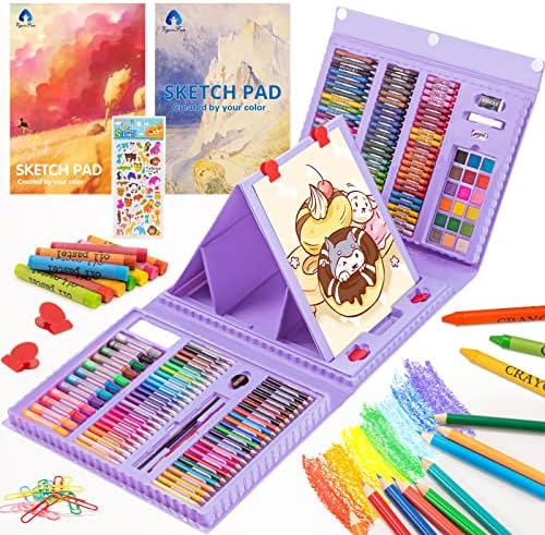 Art Supplies, 240-Piece Drawing Art Kit, Gifts Art Set Case with Double Sided Trifold Easel, Includes Sketch Pads, Oil Pastels, Crayons, Colored Pencils, Watercolor Cakes, Stickers (Purple)