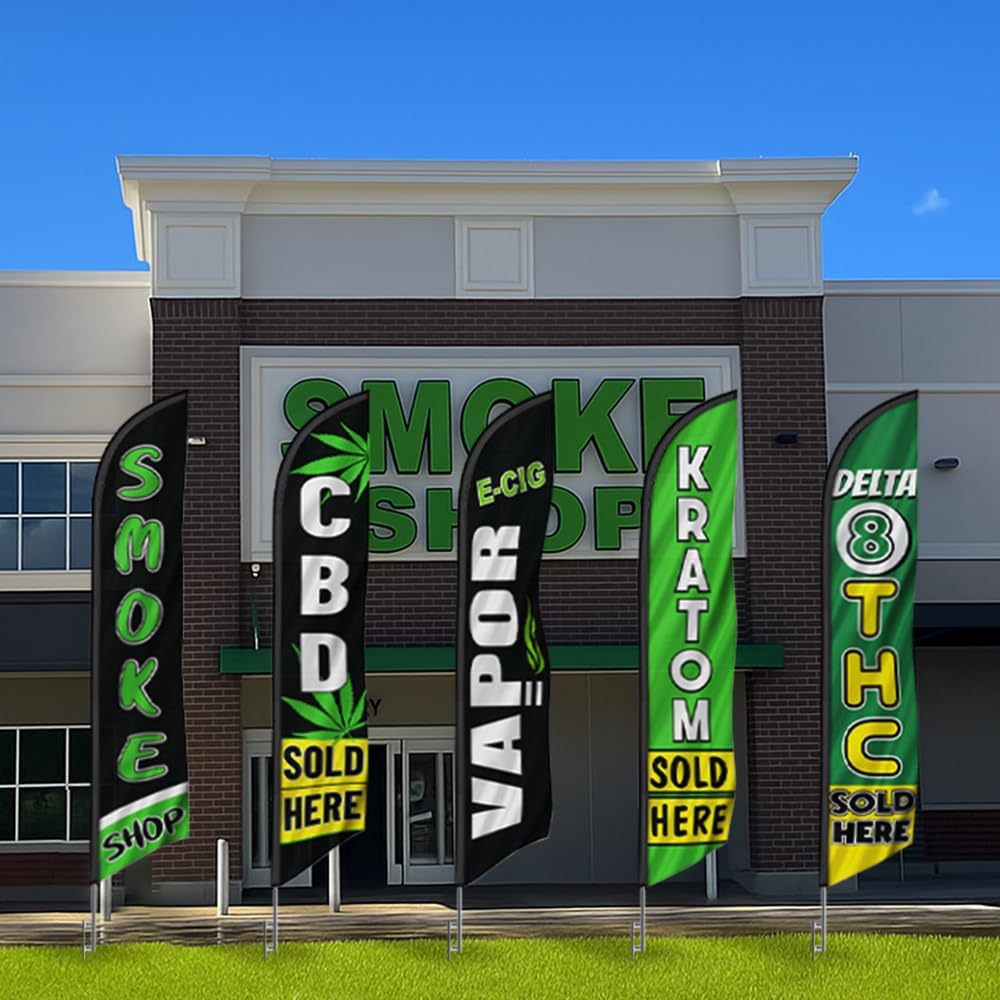 CBD Sold Here Smoke Shop E-Cig Vapor Kratom and Delta THC 8 Sold here Advertising Feather Flag Kits Package, Includes 5 Banner Flags, 5 Flag Poles, 5 Ground Stakes - Pack of 5